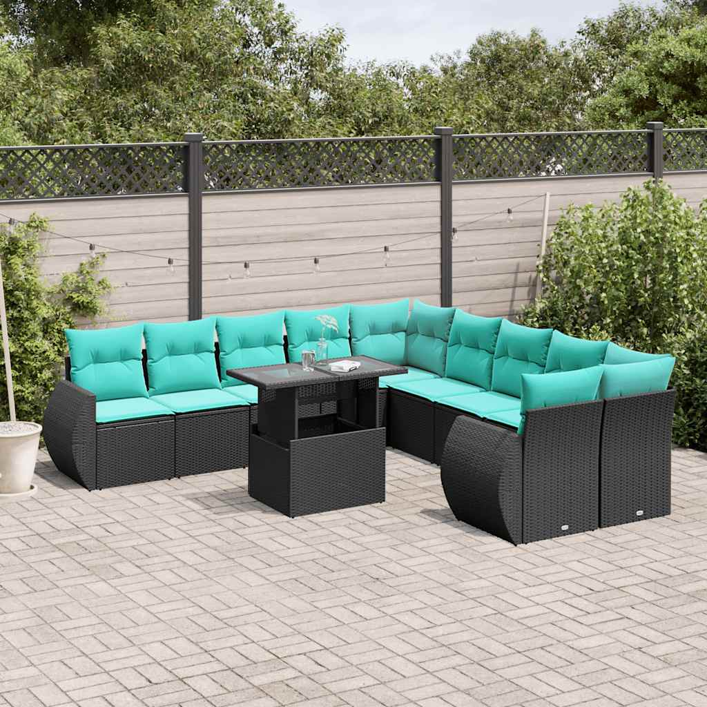vidaXL 11-teiliges Gartensofa-Set mit Kissen, schwarzes Polyrattan