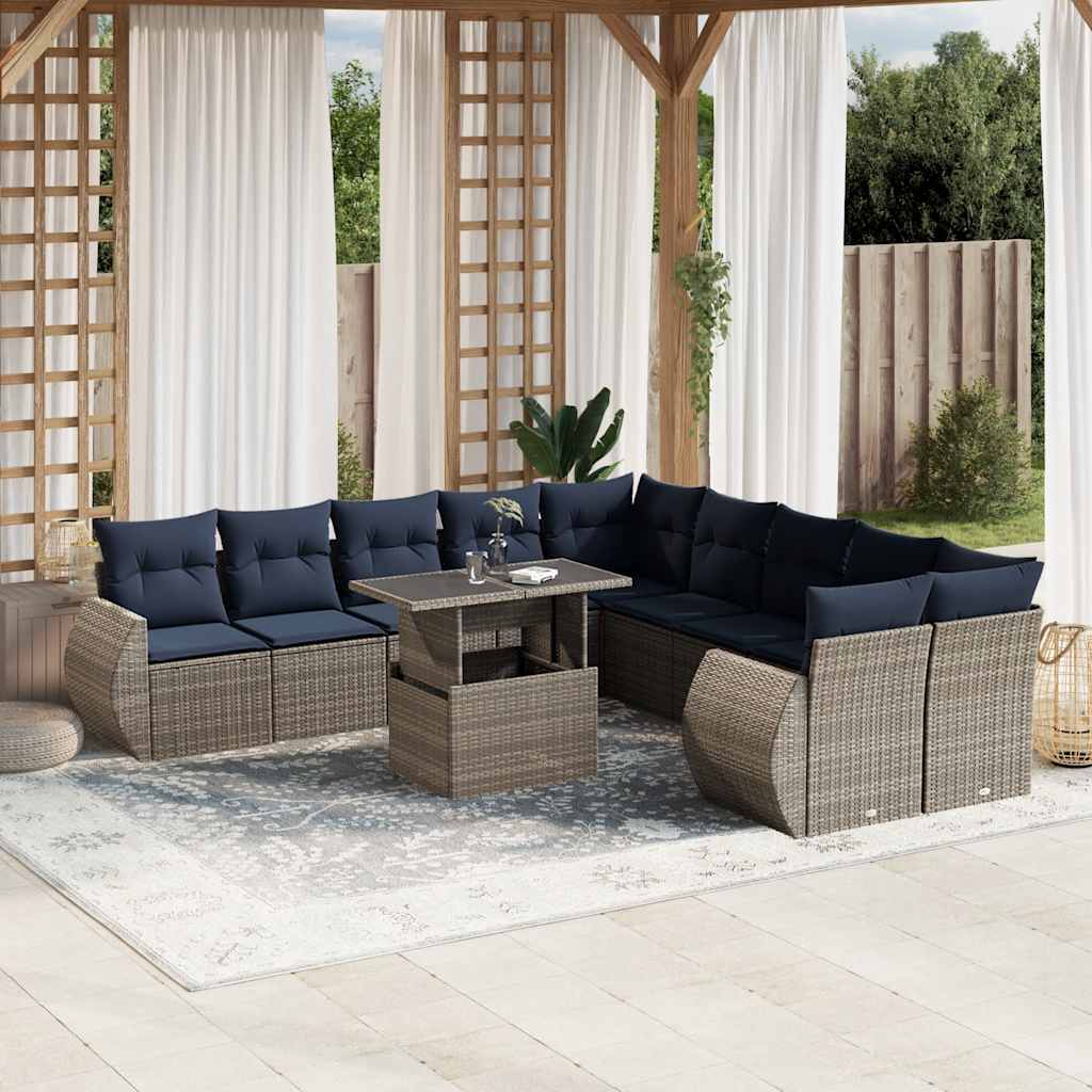 vidaXL 11-teiliges Gartensofa-Set mit Kissen, schwarzes Polyrattan