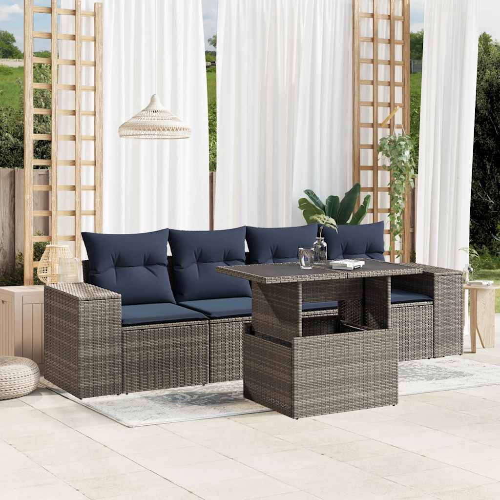 5-teiliges Gartensofa-Set mit Kissen, schwarzes Polyrattan