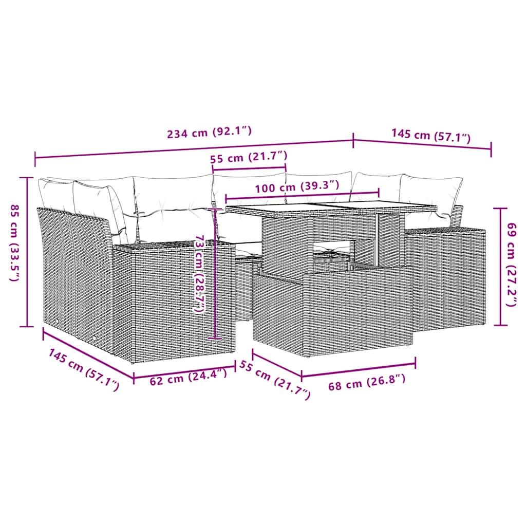 7-teiliges Gartensofa-Set mit Kissen, schwarzes Polyrattan