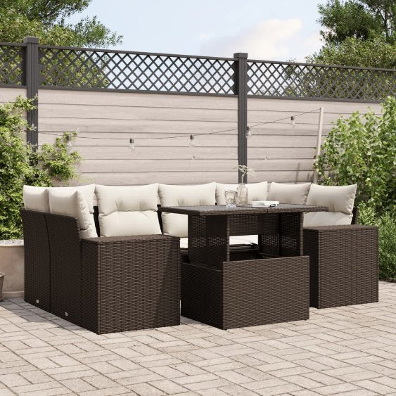 7-tlg. Garten-Sofagarnitur mit Kissen Schwarz Poly Rattan