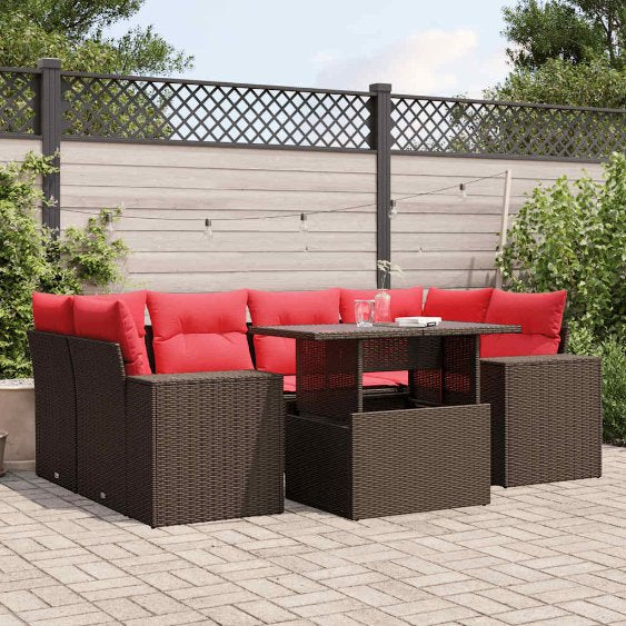 7-teiliges Gartensofa-Set mit Kissen, schwarzes Polyrattan