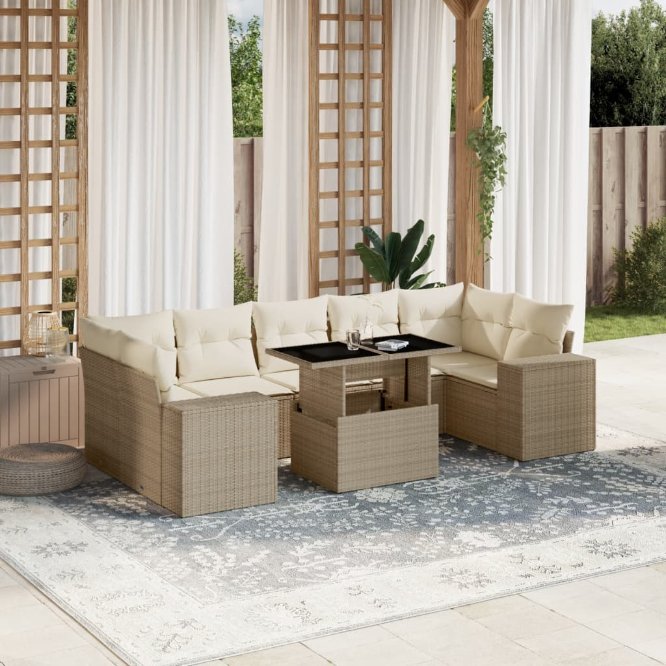8-tlg. Garten-Sofagarnitur mit Kissen Schwarz Poly Rattan