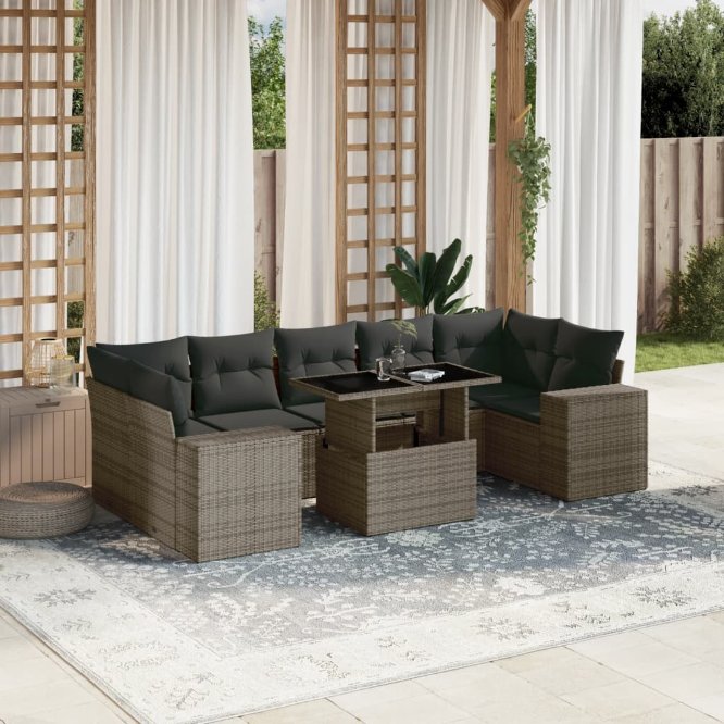 8-tlg. Garten-Sofagarnitur mit Kissen Schwarz Poly Rattan