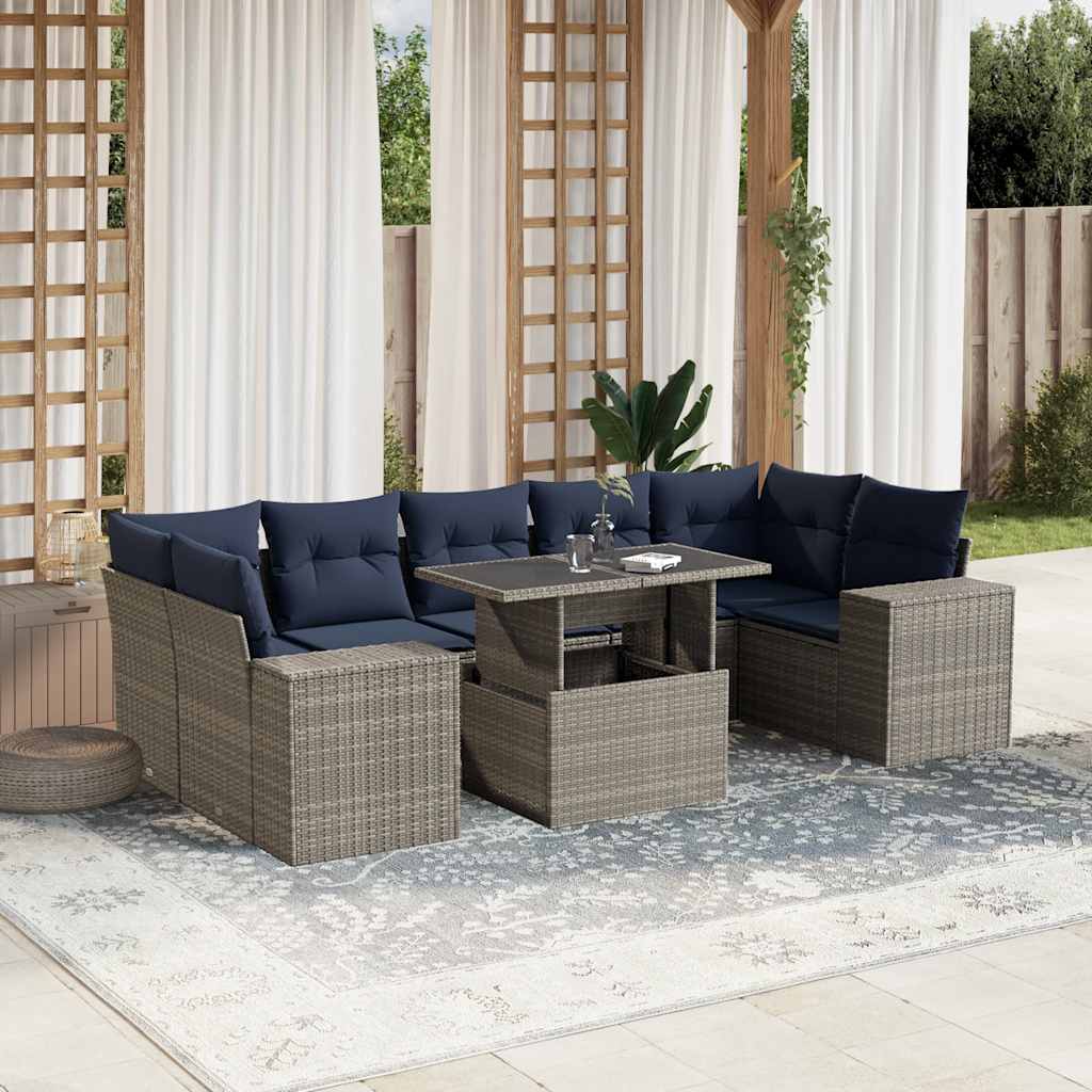 8-teiliges Gartensofa-Set mit Kissen, schwarzes Polyrattan
