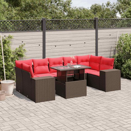 8-teiliges Gartensofa-Set mit Kissen, schwarzes Polyrattan