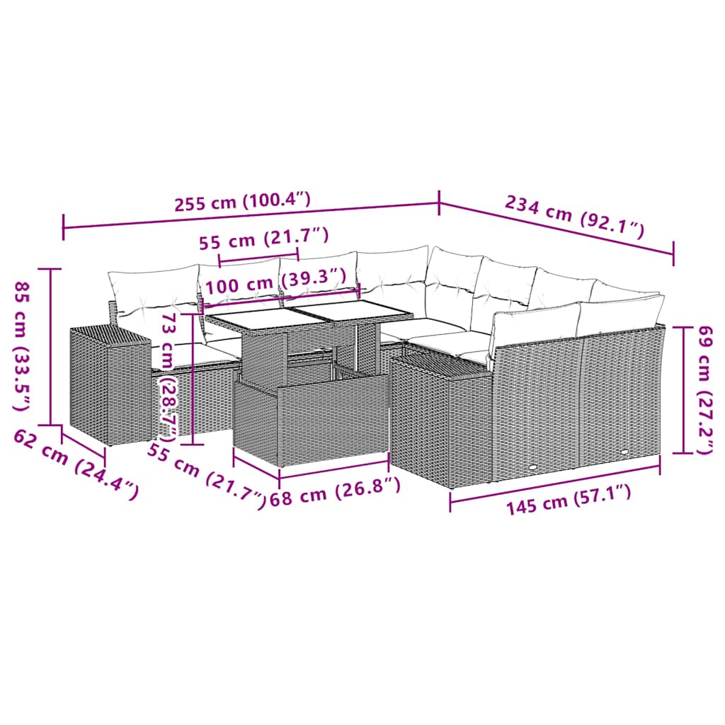 9-teiliges Gartensofa-Set mit Kissen, schwarzes Polyrattan