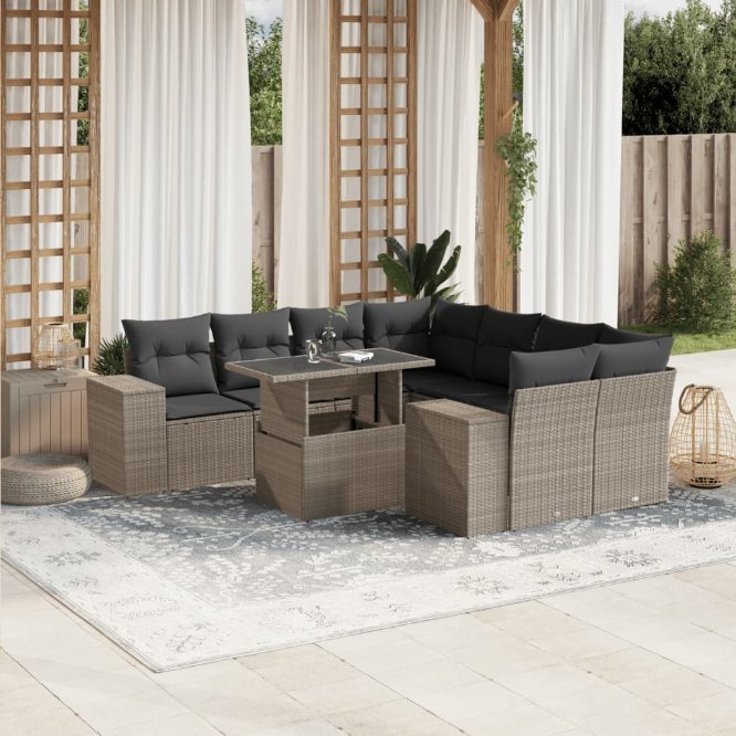 9-tlg. Garten-Sofagarnitur mit Kissen Schwarz Poly Rattan