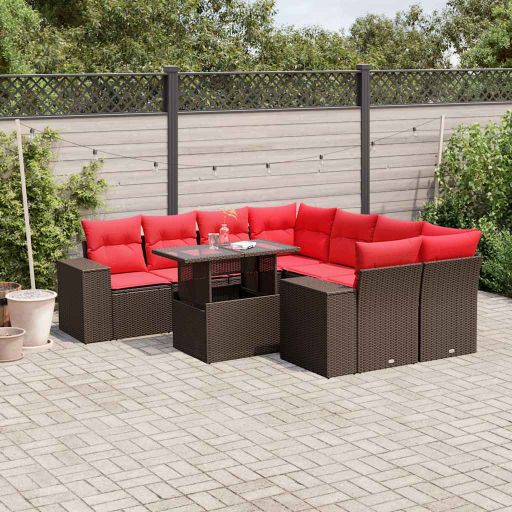 9-teiliges Gartensofa-Set mit Kissen, schwarzes Polyrattan