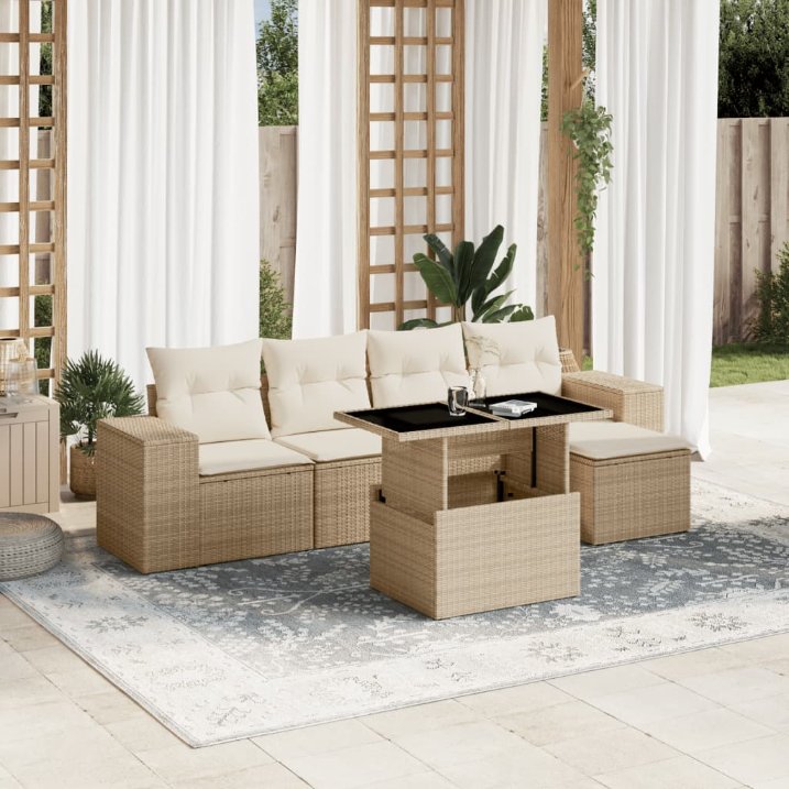6-tlg. Garten-Sofagarnitur mit Kissen Schwarz Poly Rattan