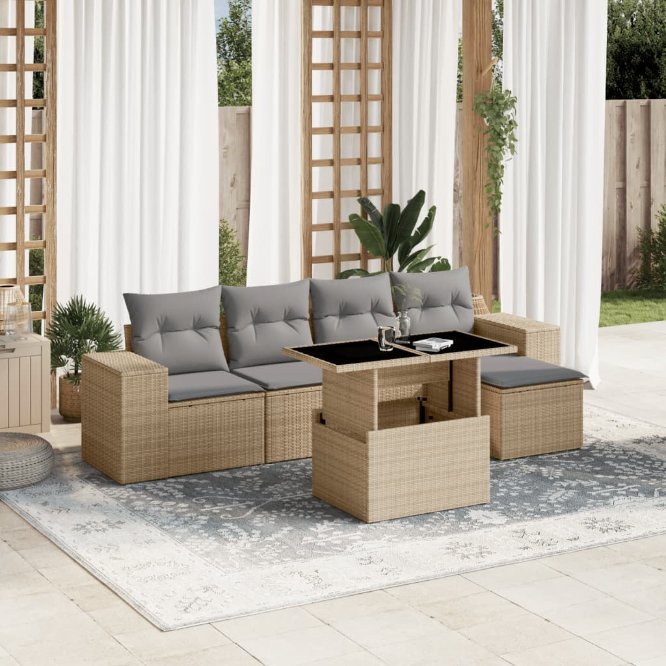 6-tlg. Garten-Sofagarnitur mit Kissen Schwarz Poly Rattan