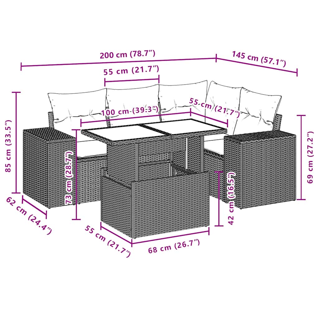5-teiliges Gartensofa-Set mit Kissen, schwarzes Polyrattan