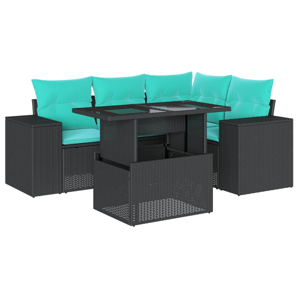 5-teiliges Gartensofa-Set mit Kissen, schwarzes Polyrattan