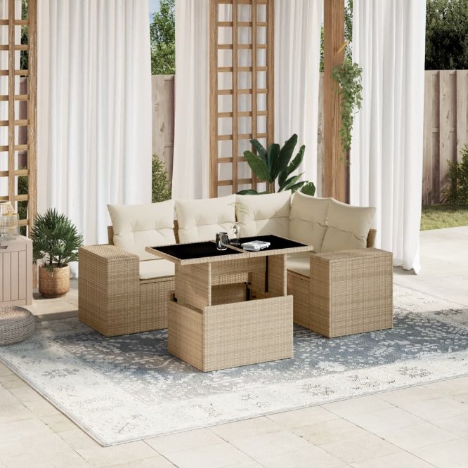 5-tlg. Garten-Sofagarnitur mit Kissen Schwarz Poly Rattan