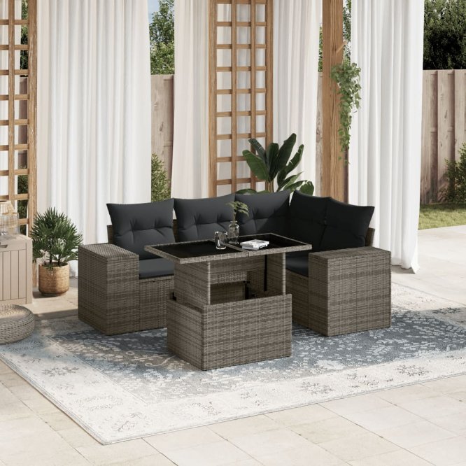 5-tlg. Garten-Sofagarnitur mit Kissen Schwarz Poly Rattan