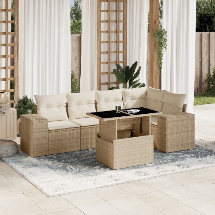 6-tlg. Garten-Sofagarnitur mit Kissen Schwarz Poly Rattan