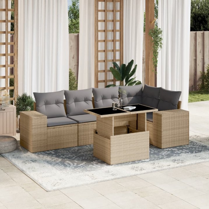 6-tlg. Garten-Sofagarnitur mit Kissen Schwarz Poly Rattan