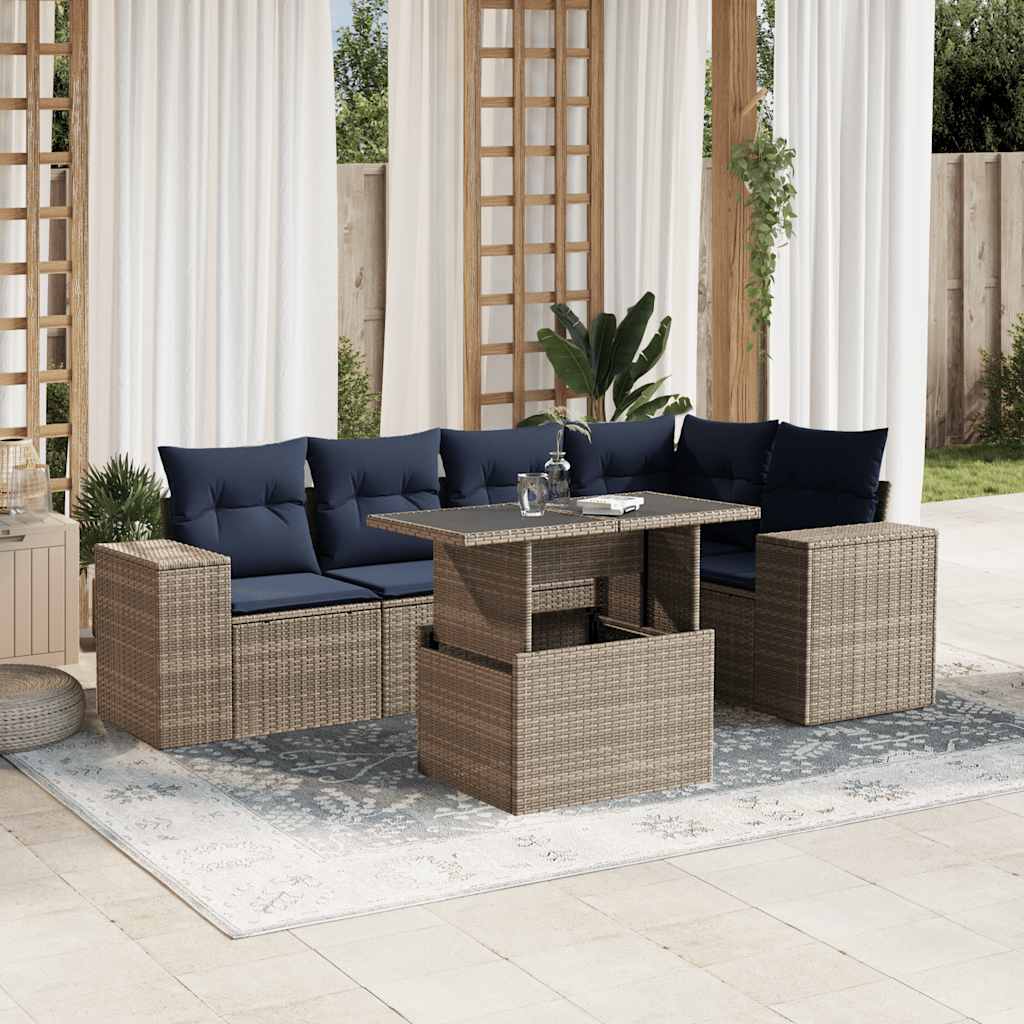6-teiliges Gartensofa-Set mit Kissen, schwarzes Polyrattan