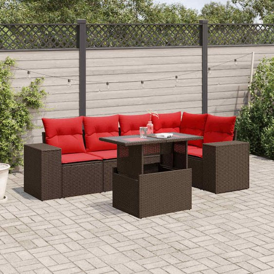 6-teiliges Gartensofa-Set mit Kissen, schwarzes Polyrattan