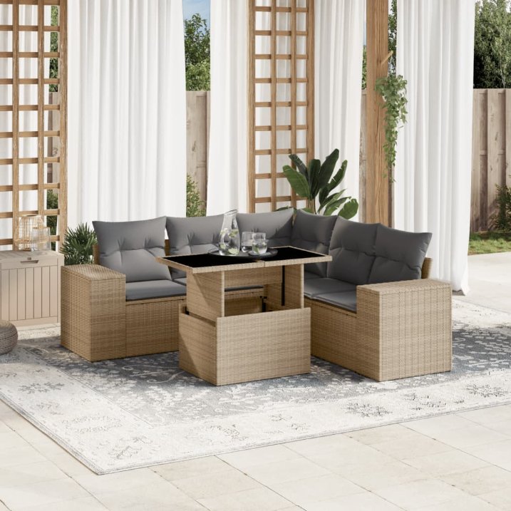 6-tlg. Garten-Sofagarnitur mit Kissen Schwarz Poly Rattan