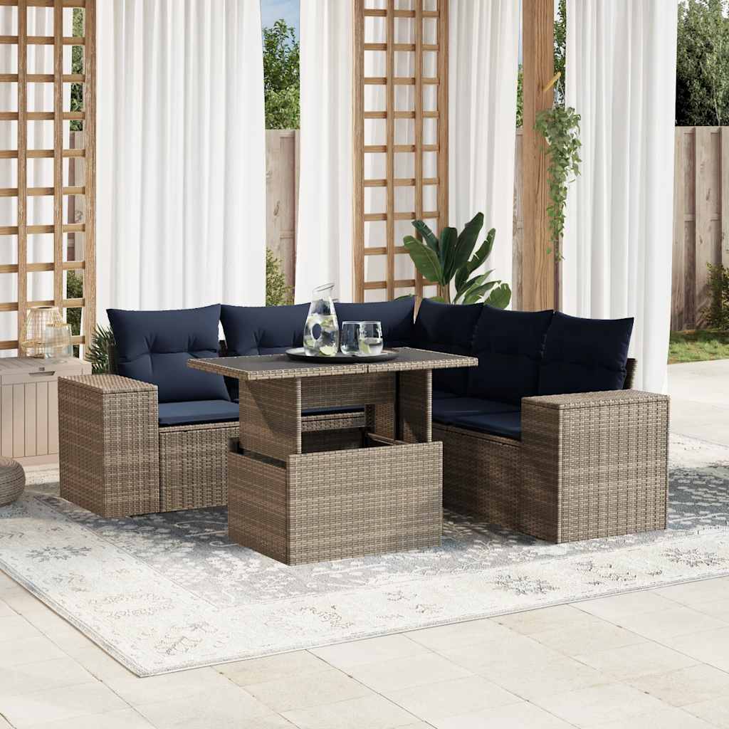 6-teiliges Gartensofa-Set mit Kissen, schwarzes Polyrattan