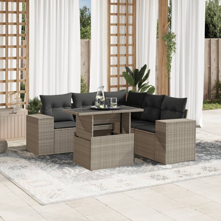 6-tlg. Garten-Sofagarnitur mit Kissen Schwarz Poly Rattan