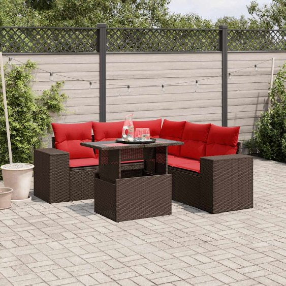 6-teiliges Gartensofa-Set mit Kissen, schwarzes Polyrattan