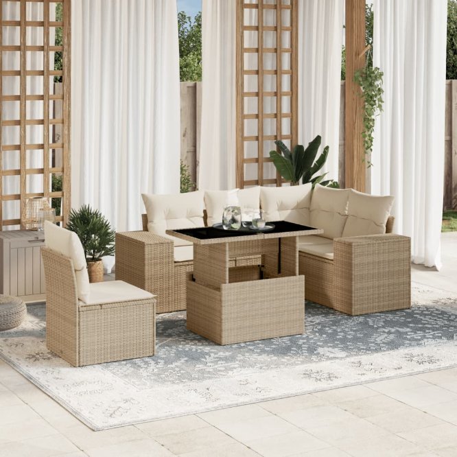 6-tlg. Garten-Sofagarnitur mit Kissen Schwarz Poly Rattan