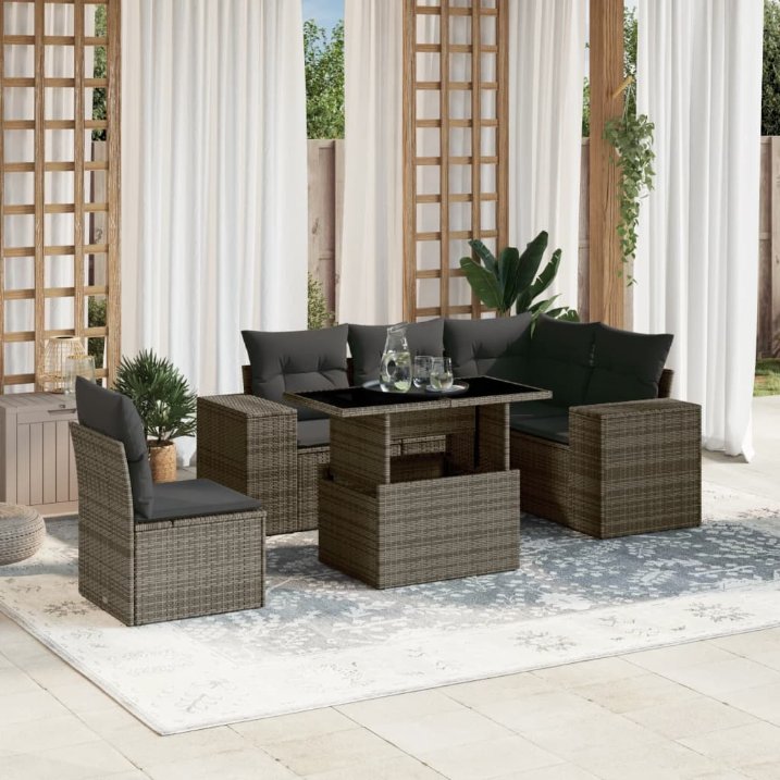 6-tlg. Garten-Sofagarnitur mit Kissen Schwarz Poly Rattan