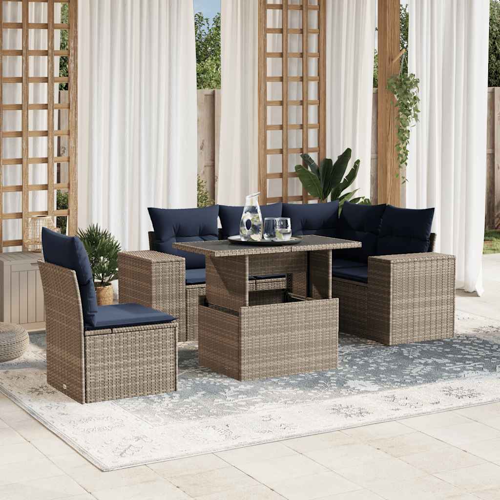 6-teiliges Gartensofa-Set mit Kissen, schwarzes Polyrattan
