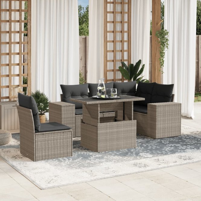 6-tlg. Garten-Sofagarnitur mit Kissen Schwarz Poly Rattan
