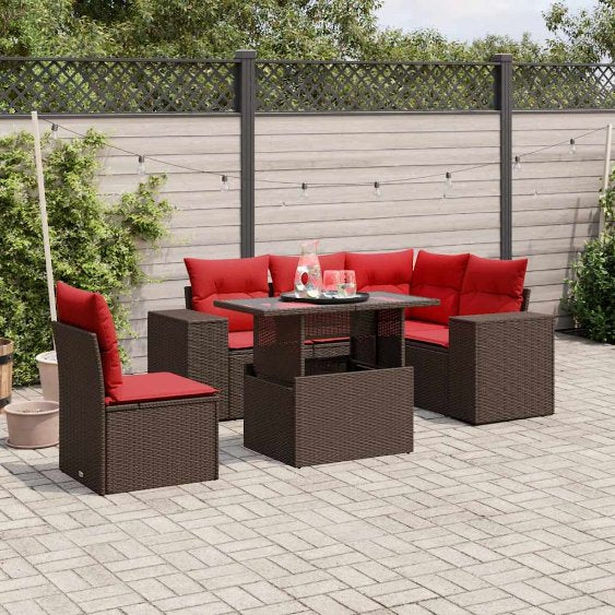 6-teiliges Gartensofa-Set mit Kissen, schwarzes Polyrattan