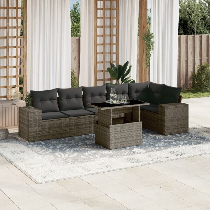7-tlg. Garten-Sofagarnitur mit Kissen Schwarz Poly Rattan