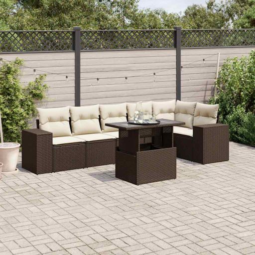 7-tlg. Garten-Sofagarnitur mit Kissen Schwarz Poly Rattan