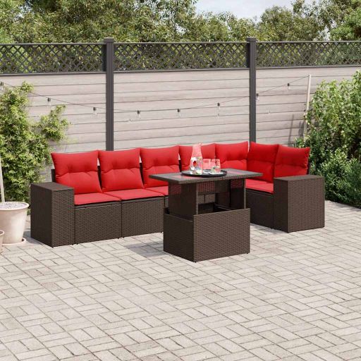7-teiliges Gartensofa-Set mit Kissen, schwarzes Polyrattan