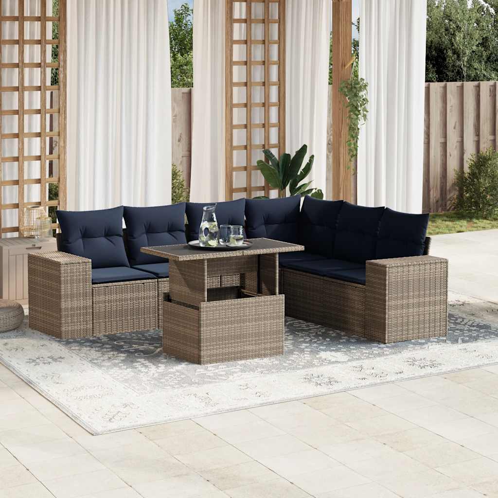 7-teiliges Gartensofa-Set mit Kissen, schwarzes Polyrattan