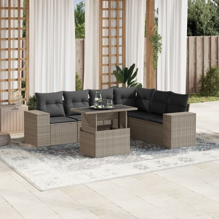 7-tlg. Garten-Sofagarnitur mit Kissen Schwarz Poly Rattan
