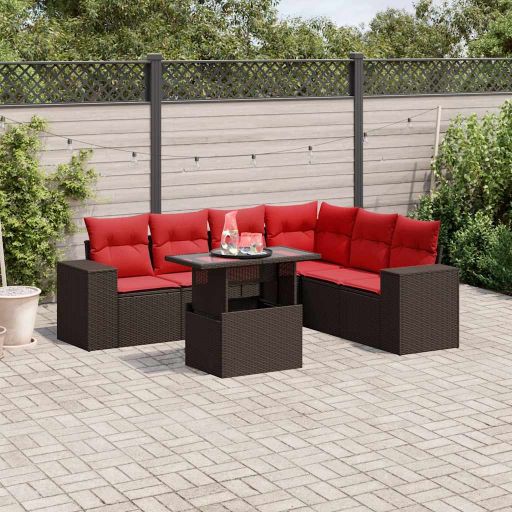 7-teiliges Gartensofa-Set mit Kissen, schwarzes Polyrattan