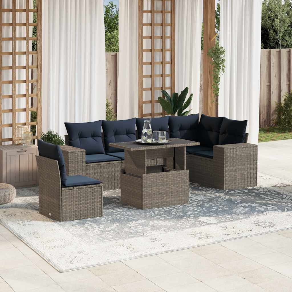 7-teiliges Gartensofa-Set mit Kissen, schwarzes Polyrattan