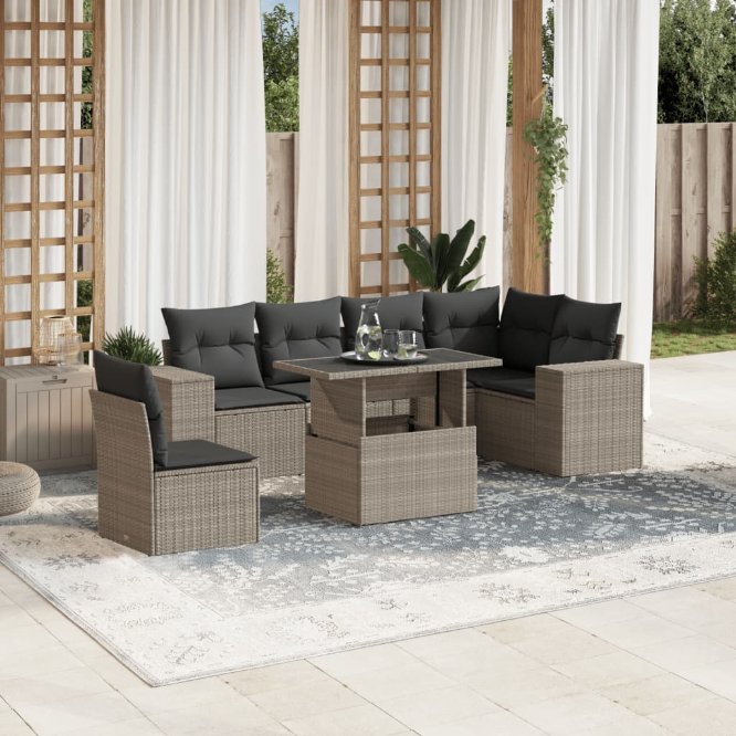 7-tlg. Garten-Sofagarnitur mit Kissen Schwarz Poly Rattan