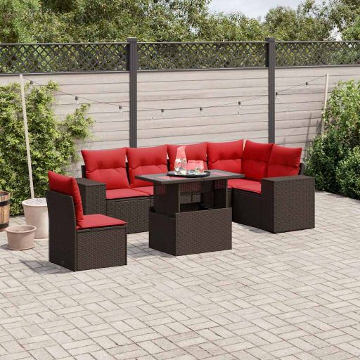 7-teiliges Gartensofa-Set mit Kissen, schwarzes Polyrattan