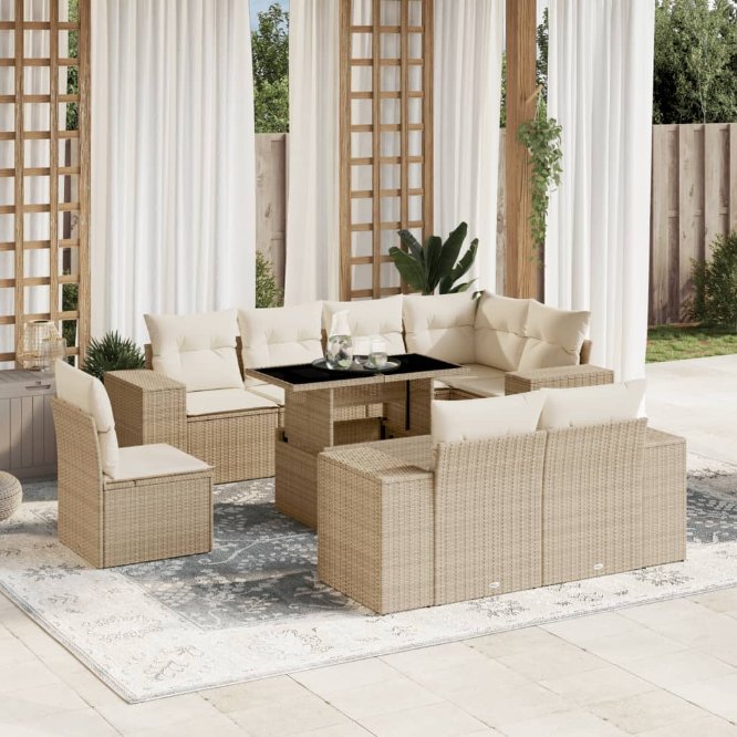 9-tlg. Garten-Sofagarnitur mit Kissen Schwarz Poly Rattan