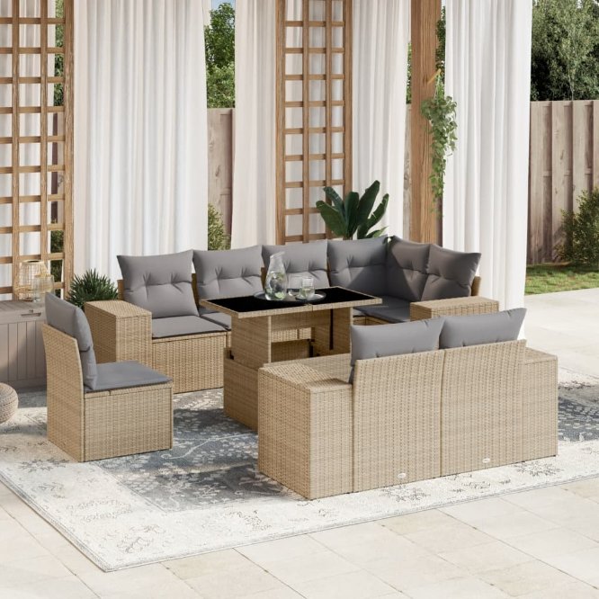 9-tlg. Garten-Sofagarnitur mit Kissen Schwarz Poly Rattan