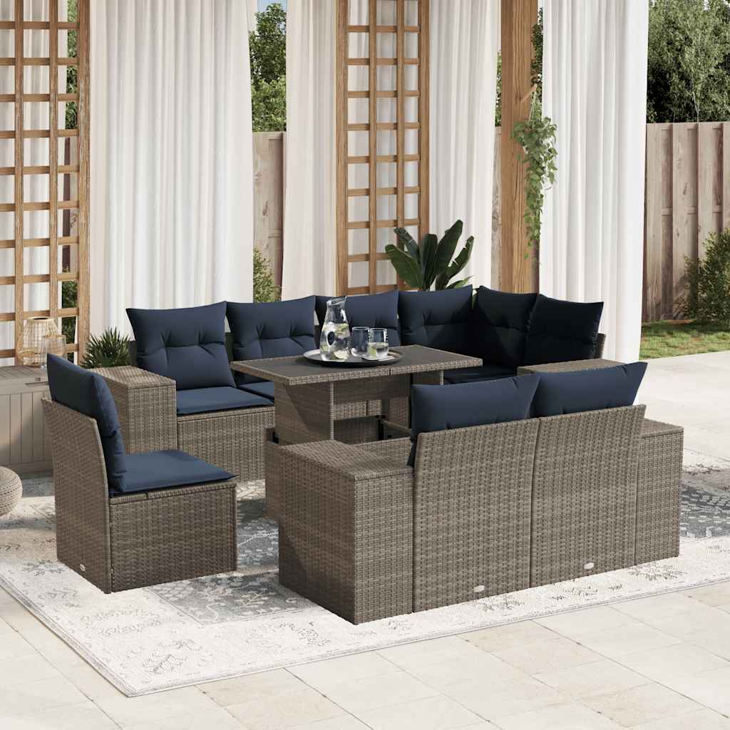 9-teiliges Gartensofa-Set mit Kissen, schwarzes Polyrattan