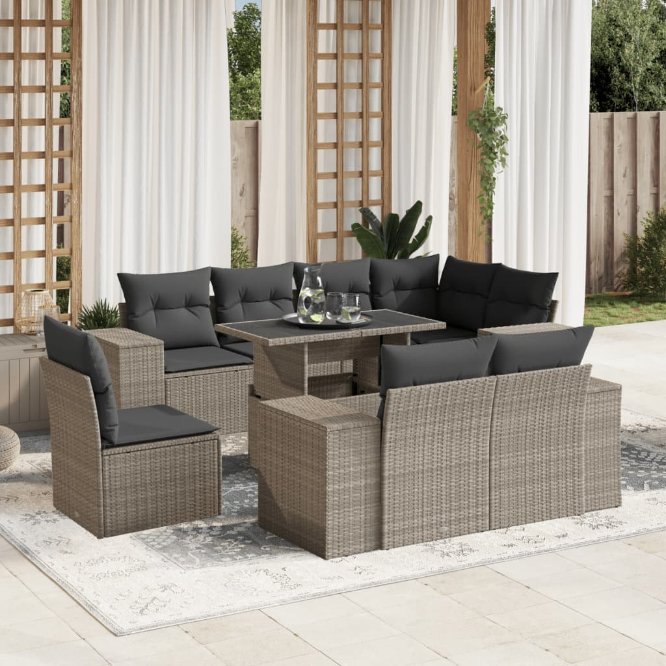 9-tlg. Garten-Sofagarnitur mit Kissen Schwarz Poly Rattan