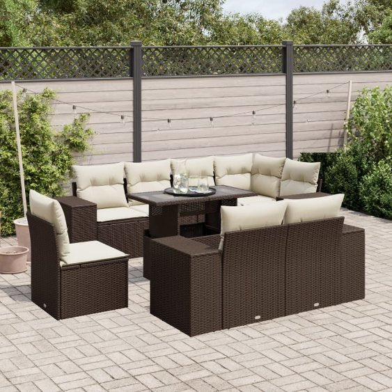 9-tlg. Garten-Sofagarnitur mit Kissen Schwarz Poly Rattan