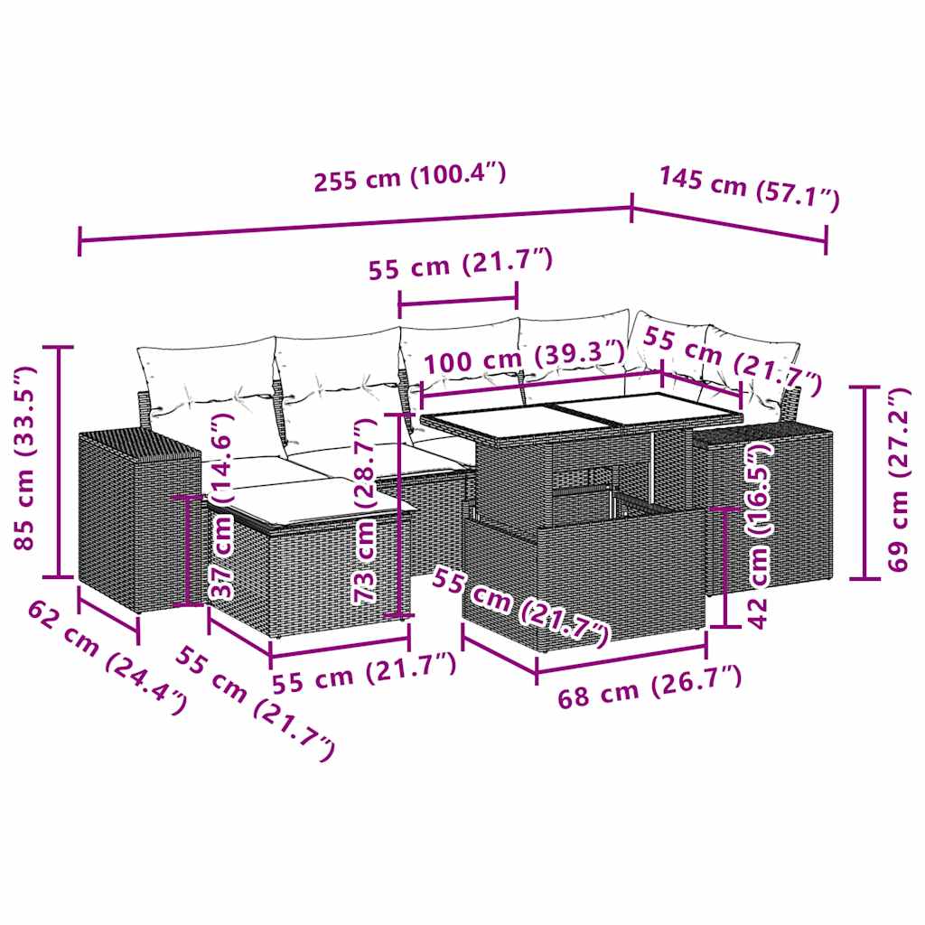 7-teiliges Gartensofa-Set mit Kissen, schwarzes Polyrattan