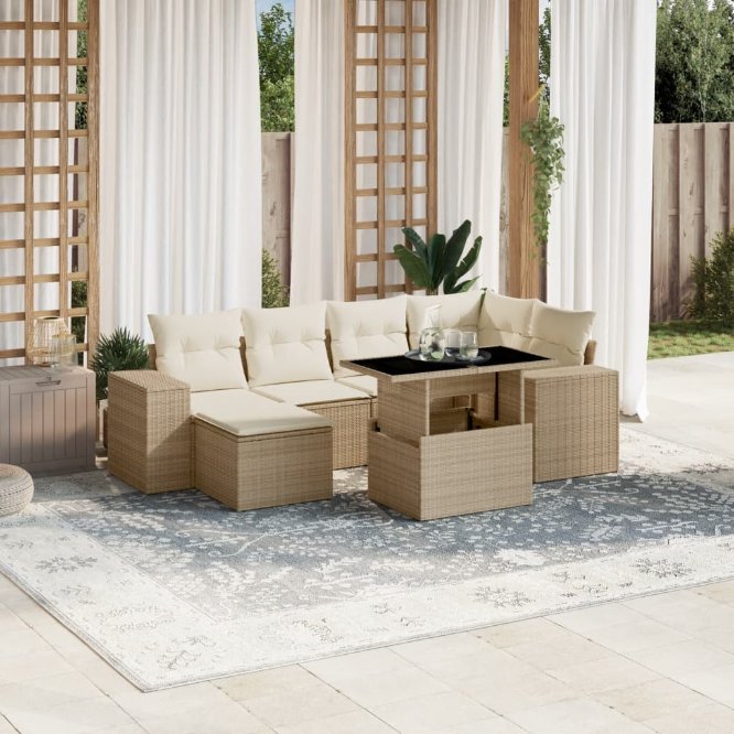 7-tlg. Garten-Sofagarnitur mit Kissen Schwarz Poly Rattan