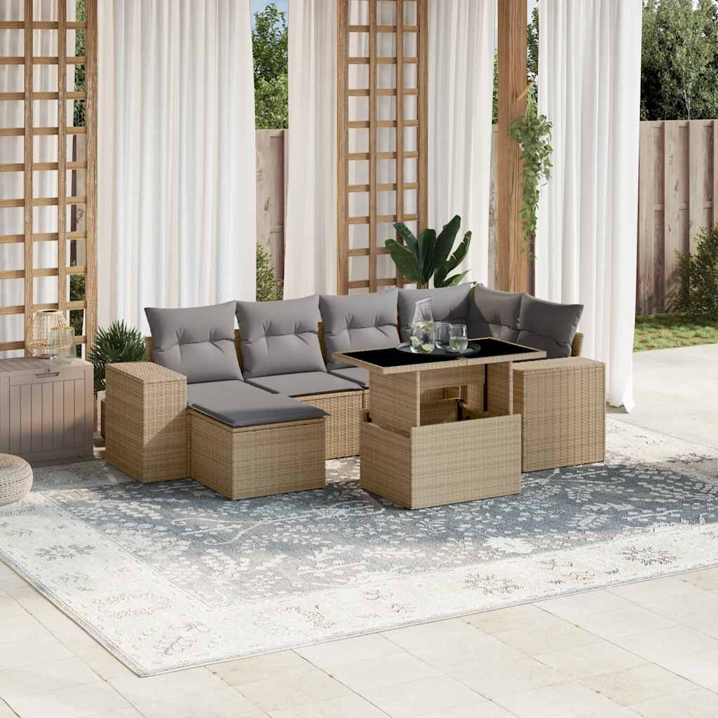 7-tlg. Garten-Sofagarnitur mit Kissen Schwarz Poly Rattan