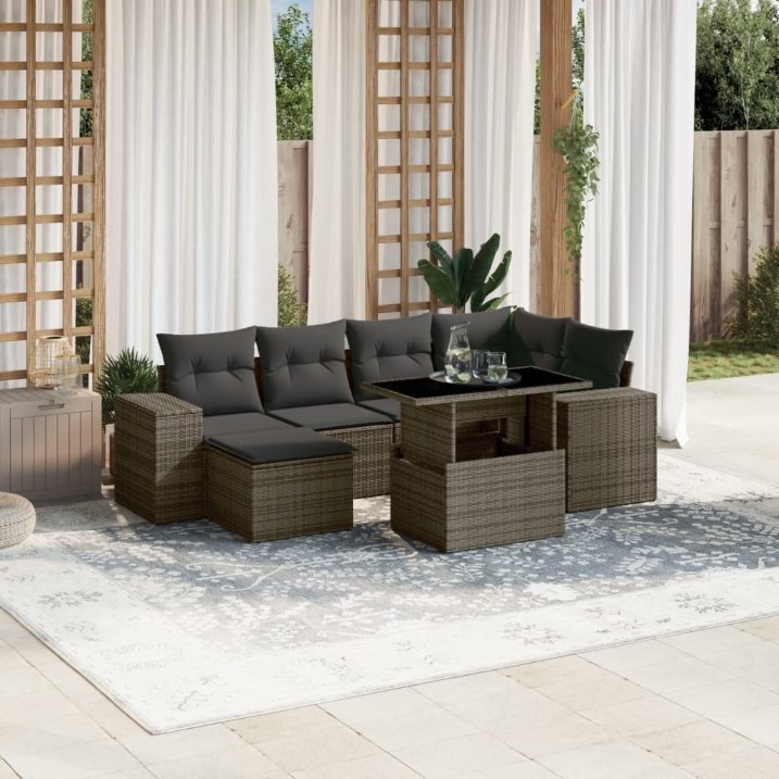 7-tlg. Garten-Sofagarnitur mit Kissen Schwarz Poly Rattan